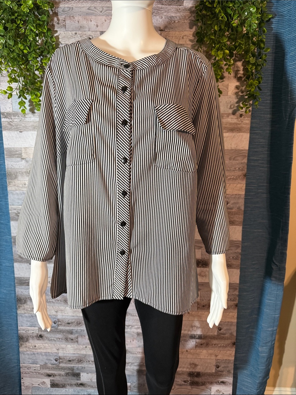 Kim Rogers Black and White Vertical Stripe Button-Front Blouse